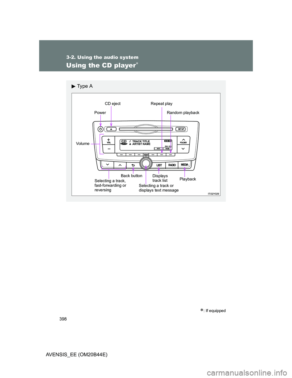 TOYOTA AVENSIS 2013  Owners Manual (in English) 398
3-2. Using the audio system
AVENSIS_EE (OM20B44E)
Using the CD player
: If equipped
Ty p e  A
Power
Vo lu m e
Selecting a track, 
fast-forwarding or 
reversingBack button
Selecting a track o