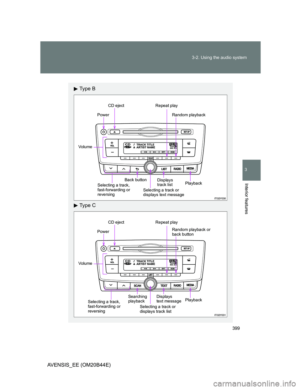 TOYOTA AVENSIS 2013  Owners Manual (in English) 399 3-2. Using the audio system
3
Interior features
AVENSIS_EE (OM20B44E)
Ty p e  B
Ty p e  C
Power
Vo lu m e
Back button
CD eject Repeat play
Random playback
Selecting a track, 
fast-forwarding or 
r
