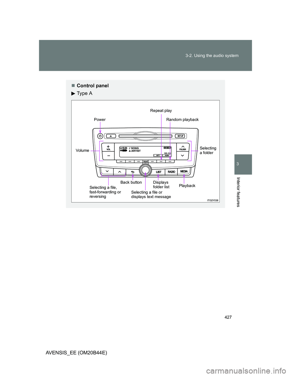 TOYOTA AVENSIS 2013  Owners Manual (in English) 427 3-2. Using the audio system
3
Interior features
AVENSIS_EE (OM20B44E)
Control panel
Ty p e  A
Power
Vo lu m e
Selecting a file, 
fast-forwarding or 
reversingBack button
Selecting a file or 
di