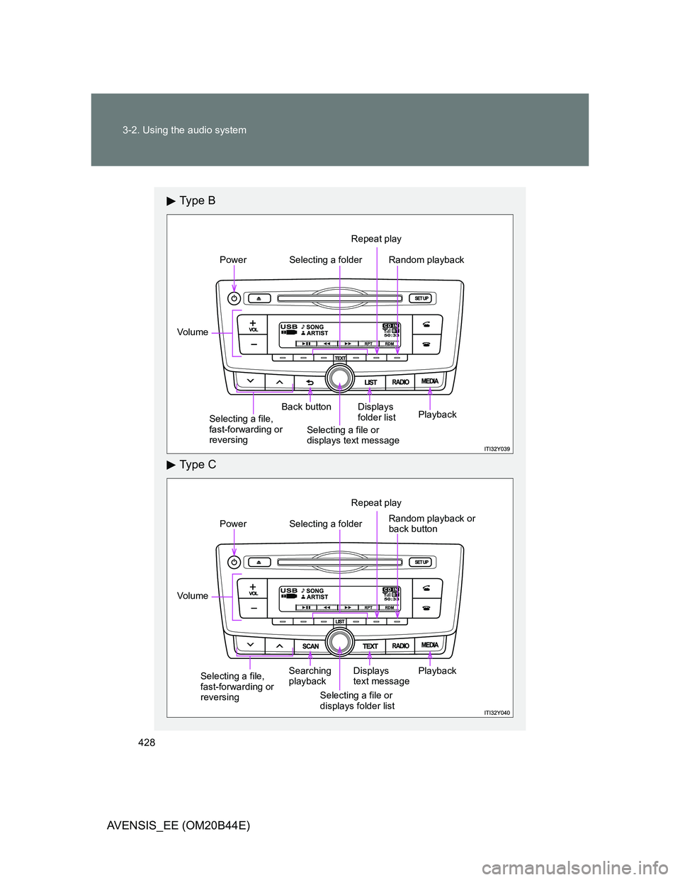TOYOTA AVENSIS 2013  Owners Manual (in English) 428 3-2. Using the audio system
AVENSIS_EE (OM20B44E)
Ty p e  B
Ty p e  C
Selecting a folderPower
Vo lu m e
Back button
Repeat play
Random playback
Selecting a file, 
fast-forwarding or 
reversingSele