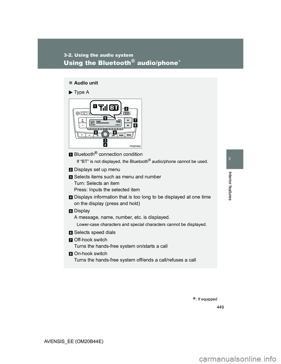 TOYOTA AVENSIS 2013  Owners Manual (in English) 449
3-2. Using the audio system
3
Interior features
AVENSIS_EE (OM20B44E)
Using the Bluetooth® audio/phone
: If equipped
Audio unit
Ty p e  A
Bluetooth
® connection condition
If “BT” is