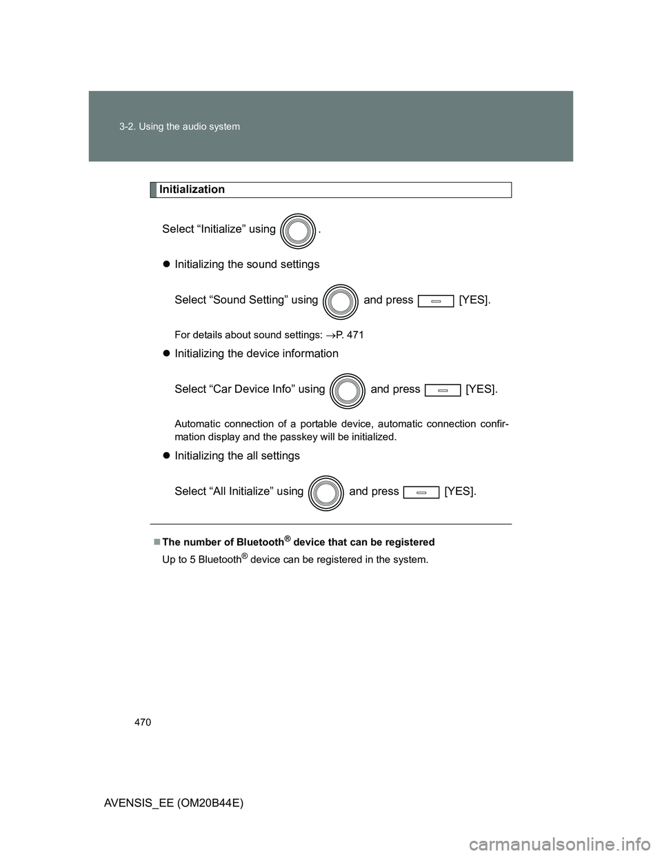 TOYOTA AVENSIS 2013  Owners Manual (in English) 470 3-2. Using the audio system
AVENSIS_EE (OM20B44E)
Initialization
Select “Initialize” using  .
Initializing the sound settings
Select “Sound Setting” using  and press  [YES].
For details