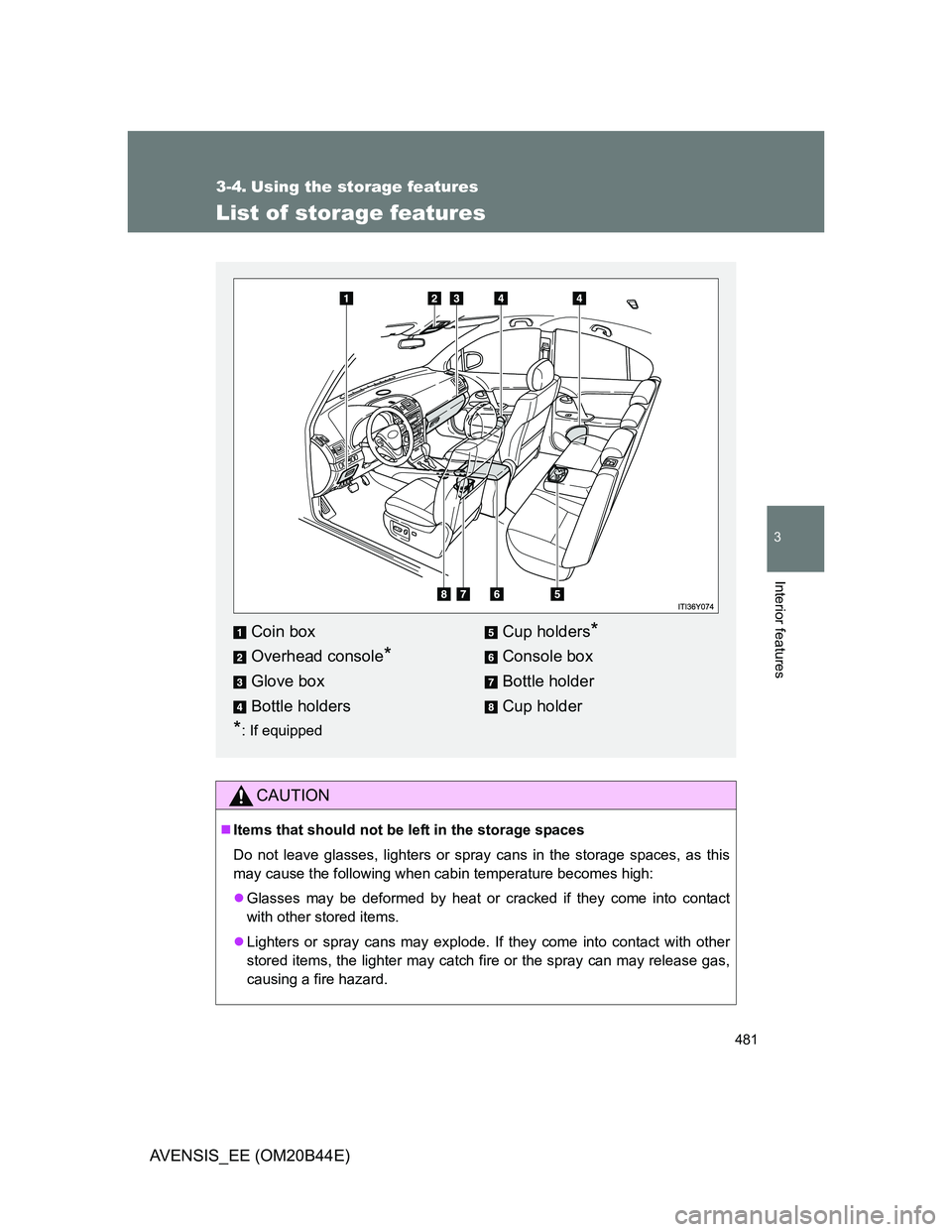 TOYOTA AVENSIS 2013  Owners Manual (in English) 481
3
Interior features
AVENSIS_EE (OM20B44E)
3-4. Using the storage features
List of storage features
CAUTION
Items that should not be left in the storage spaces
Do not leave glasses, lighters or 
