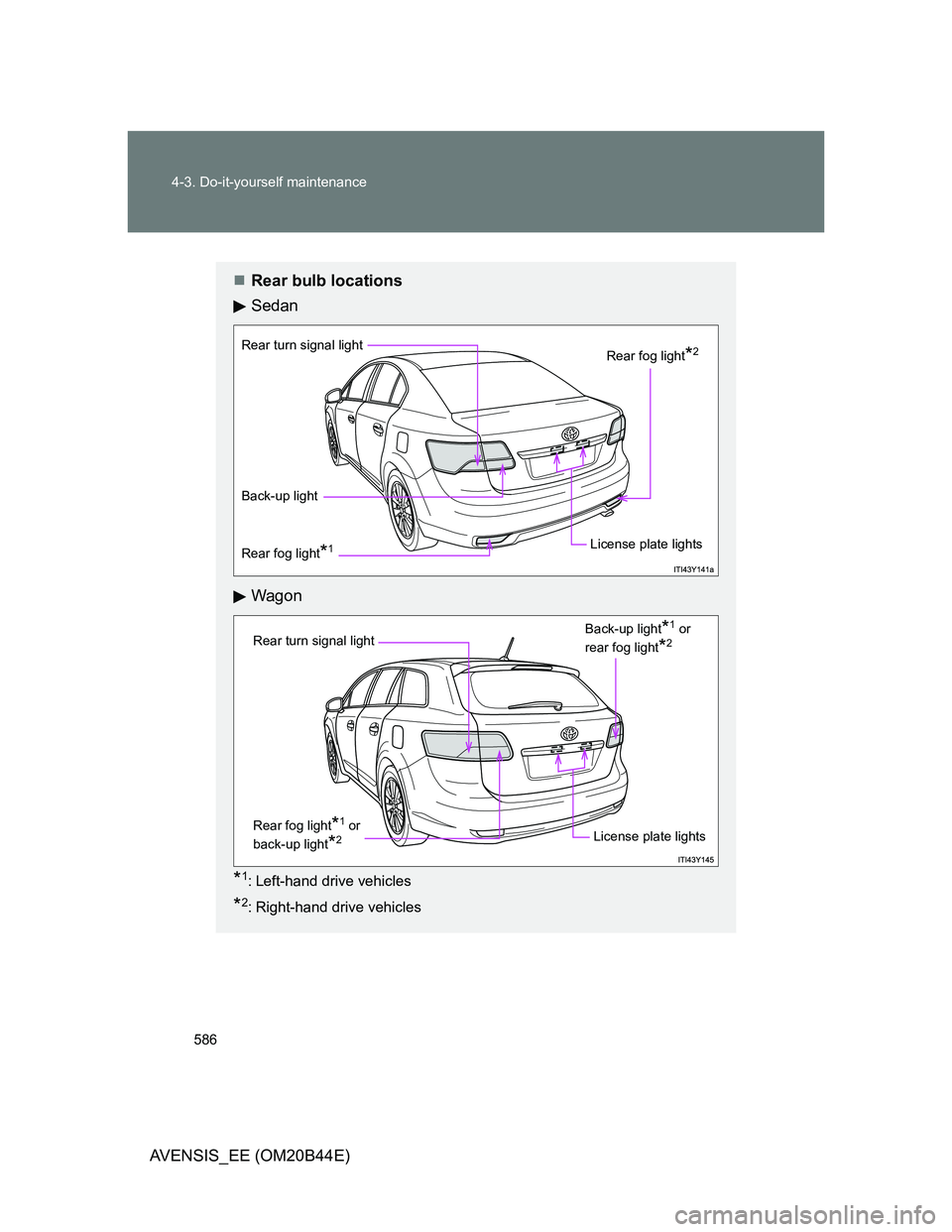 TOYOTA AVENSIS 2013  Owners Manual (in English) 586 4-3. Do-it-yourself maintenance
AVENSIS_EE (OM20B44E)
Rear bulb locations
Sedan
Wagon
*1: Left-hand drive vehicles
*2: Right-hand drive vehicles
Rear turn signal light
Rear fog light*1
Back-up 
