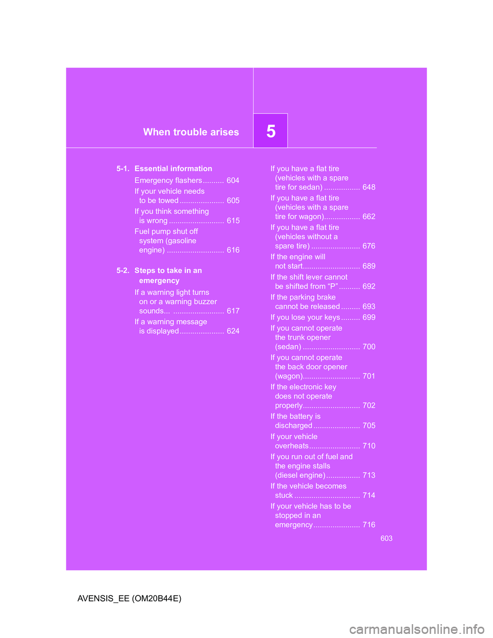 TOYOTA AVENSIS 2013 Owners Manual (in English) 5When trouble arises
603
AVENSIS_EE (OM20B44E)
5-1. Essential information
Emergency flashers .......... 604
If your vehicle needs
to be towed ..................... 605
If you think something
is wr TOYOTA AVENSIS 2013 Owners Manual (in English) 5When trouble arises
603
AVENSIS_EE (OM20B44E)
5-1. Essential information
Emergency flashers .......... 604
If your vehicle needs
to be towed ..................... 605
If you think something
is wr