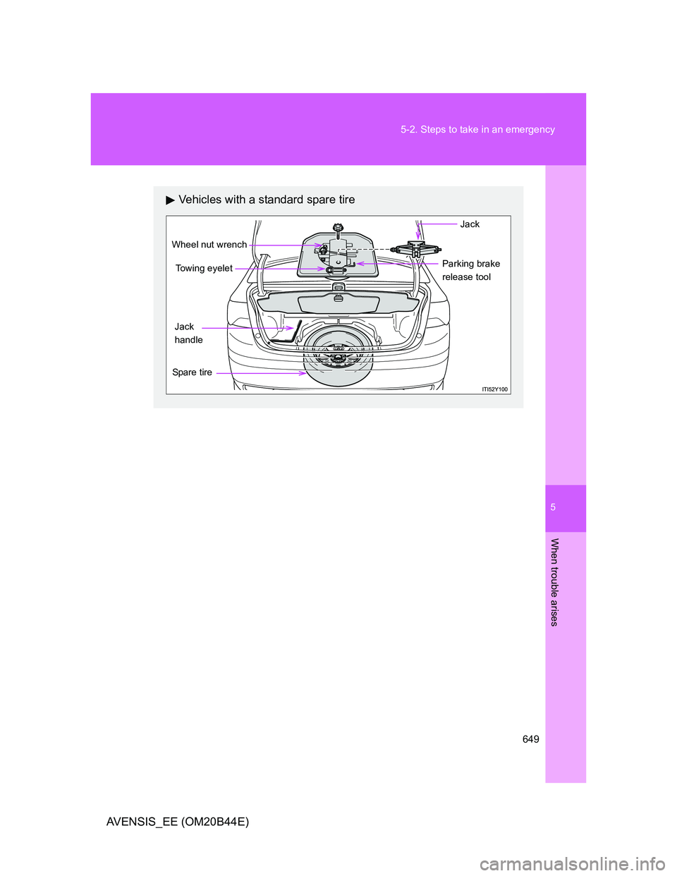 TOYOTA AVENSIS 2013  Owners Manual (in English) 5
649 5-2. Steps to take in an emergency
When trouble arises
AVENSIS_EE (OM20B44E)
Vehicles with a standard spare tire
Parking brake 
release toolTowing eyelet
Wheel nut wrench
Spare tire
Jack
Jack
ha