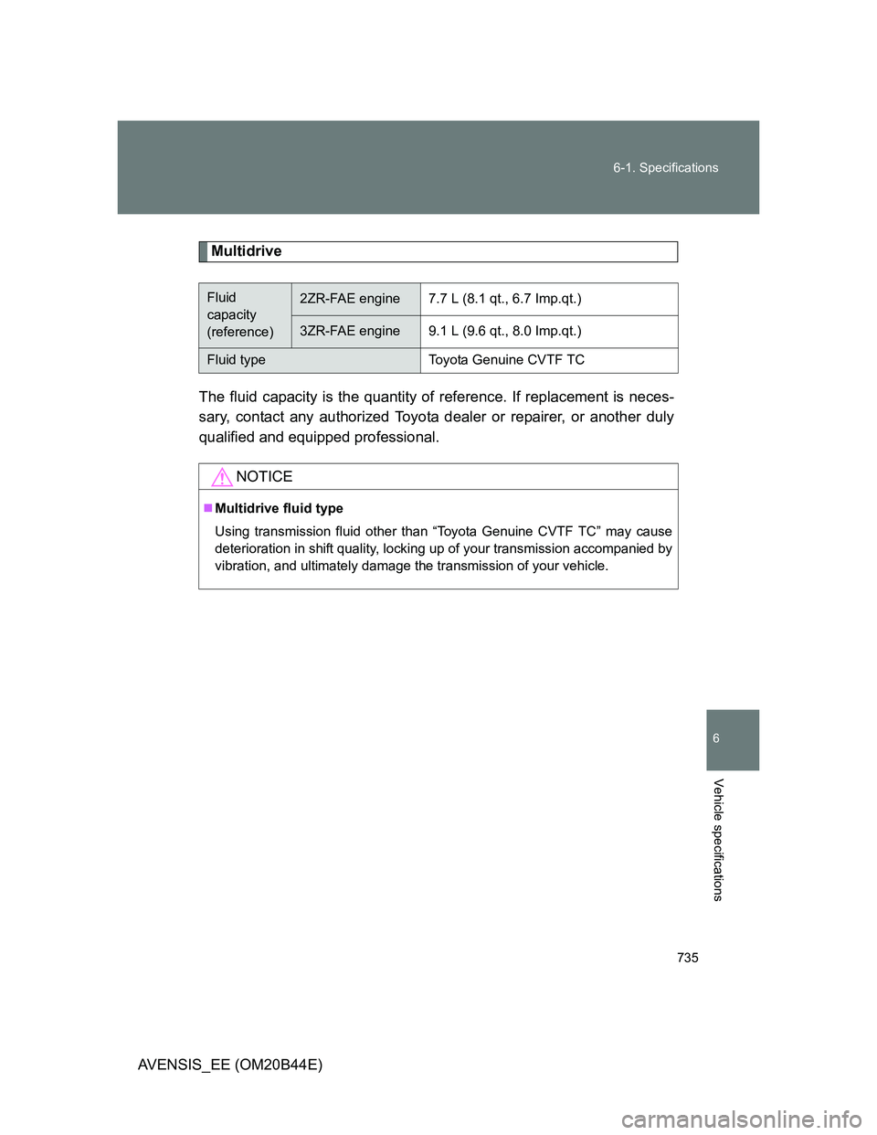 TOYOTA AVENSIS 2013 Owners Manual (in English) 735 6-1. Specifications
6
Vehicle specifications
AVENSIS_EE (OM20B44E)
Multidrive
The fluid capacity is the quantity of reference. If replacement is neces-
sary, contact any authorized Toyota dealer o TOYOTA AVENSIS 2013 Owners Manual (in English) 735 6-1. Specifications
6
Vehicle specifications
AVENSIS_EE (OM20B44E)
Multidrive
The fluid capacity is the quantity of reference. If replacement is neces-
sary, contact any authorized Toyota dealer o