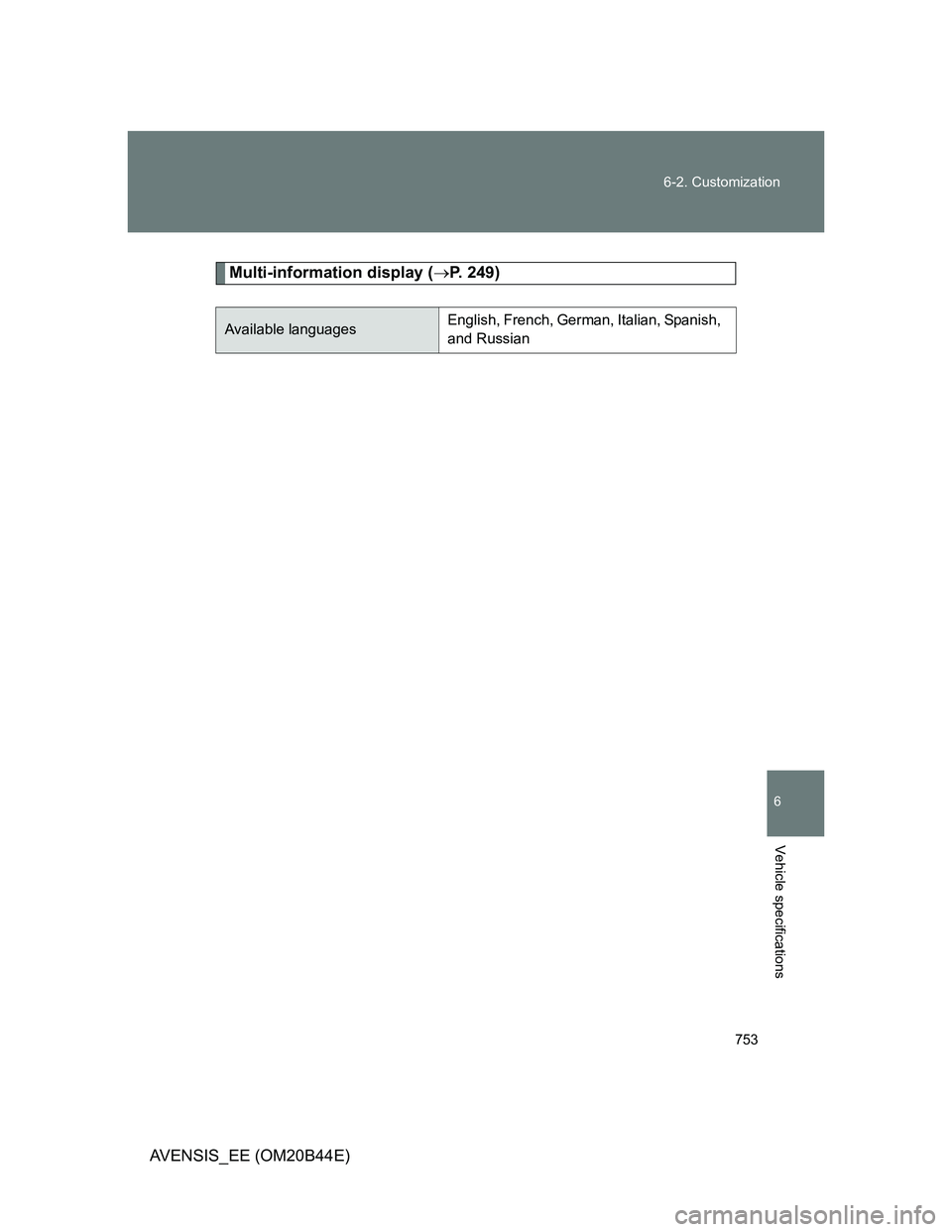 TOYOTA AVENSIS 2013 Owners Manual (in English) 753 6-2. Customization
6
Vehicle specifications
AVENSIS_EE (OM20B44E)
Multi-information display (P. 249)
Available languagesEnglish, French, German, Italian, Spanish,
and Russian TOYOTA AVENSIS 2013 Owners Manual (in English) 753 6-2. Customization
6
Vehicle specifications
AVENSIS_EE (OM20B44E)
Multi-information display (P. 249)
Available languagesEnglish, French, German, Italian, Spanish,
and Russian