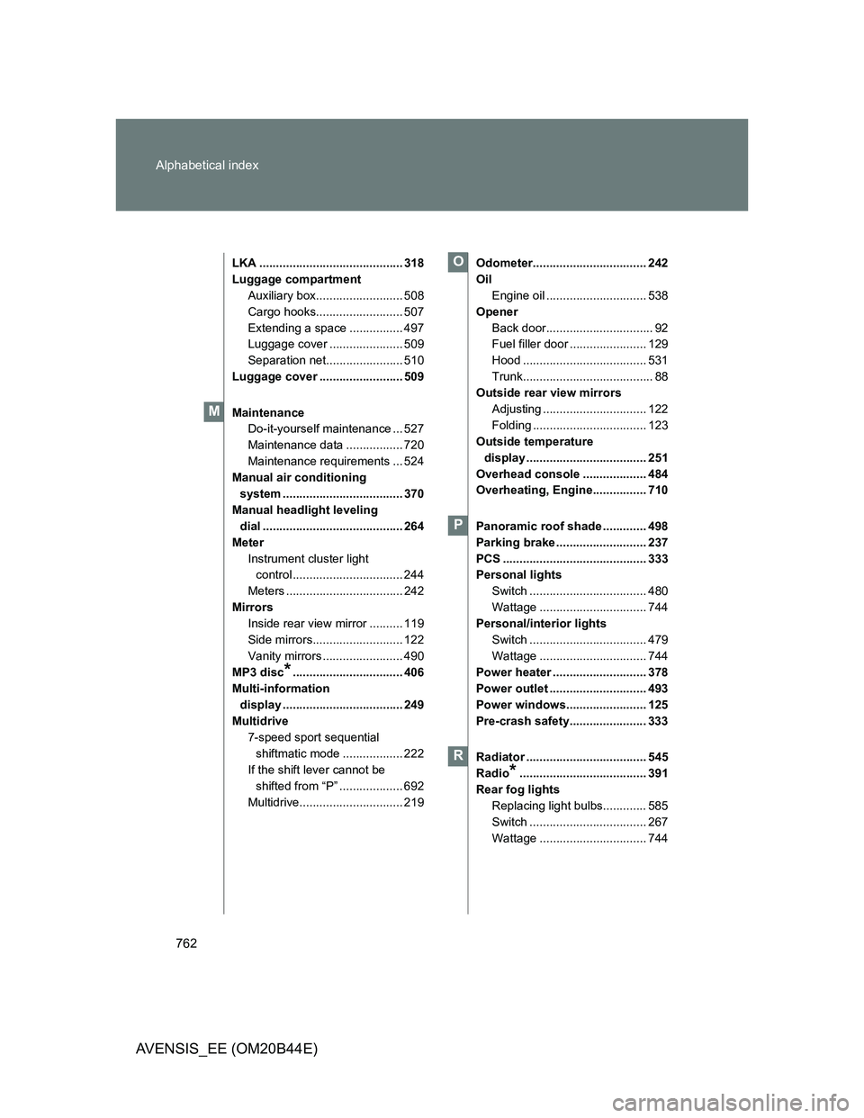 TOYOTA AVENSIS 2013 Owners Manual (in English) 762 Alphabetical index
AVENSIS_EE (OM20B44E)
LKA ........................................... 318
Luggage compartment
Auxiliary box.......................... 508
Cargo hooks.......................... 5 TOYOTA AVENSIS 2013 Owners Manual (in English) 762 Alphabetical index
AVENSIS_EE (OM20B44E)
LKA ........................................... 318
Luggage compartment
Auxiliary box.......................... 508
Cargo hooks.......................... 5
