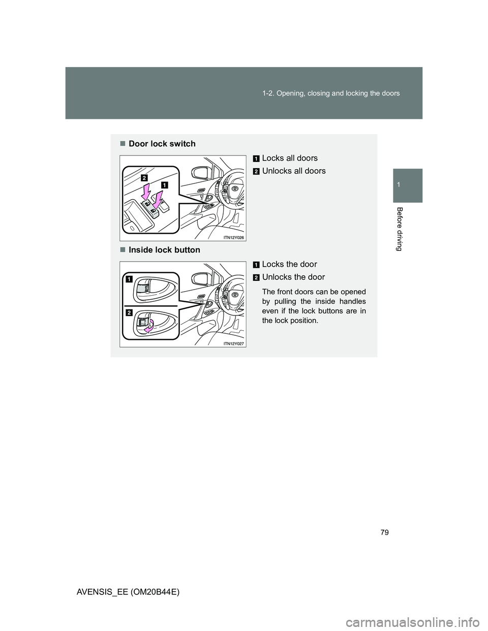 TOYOTA AVENSIS 2013   (in English) Manual PDF 79 1-2. Opening, closing and locking the doors
1
Before driving
AVENSIS_EE (OM20B44E)
Door lock switch
Locks all doors
Unlocks all doors
Inside lock button
Locks the door
Unlocks the door
The fr
