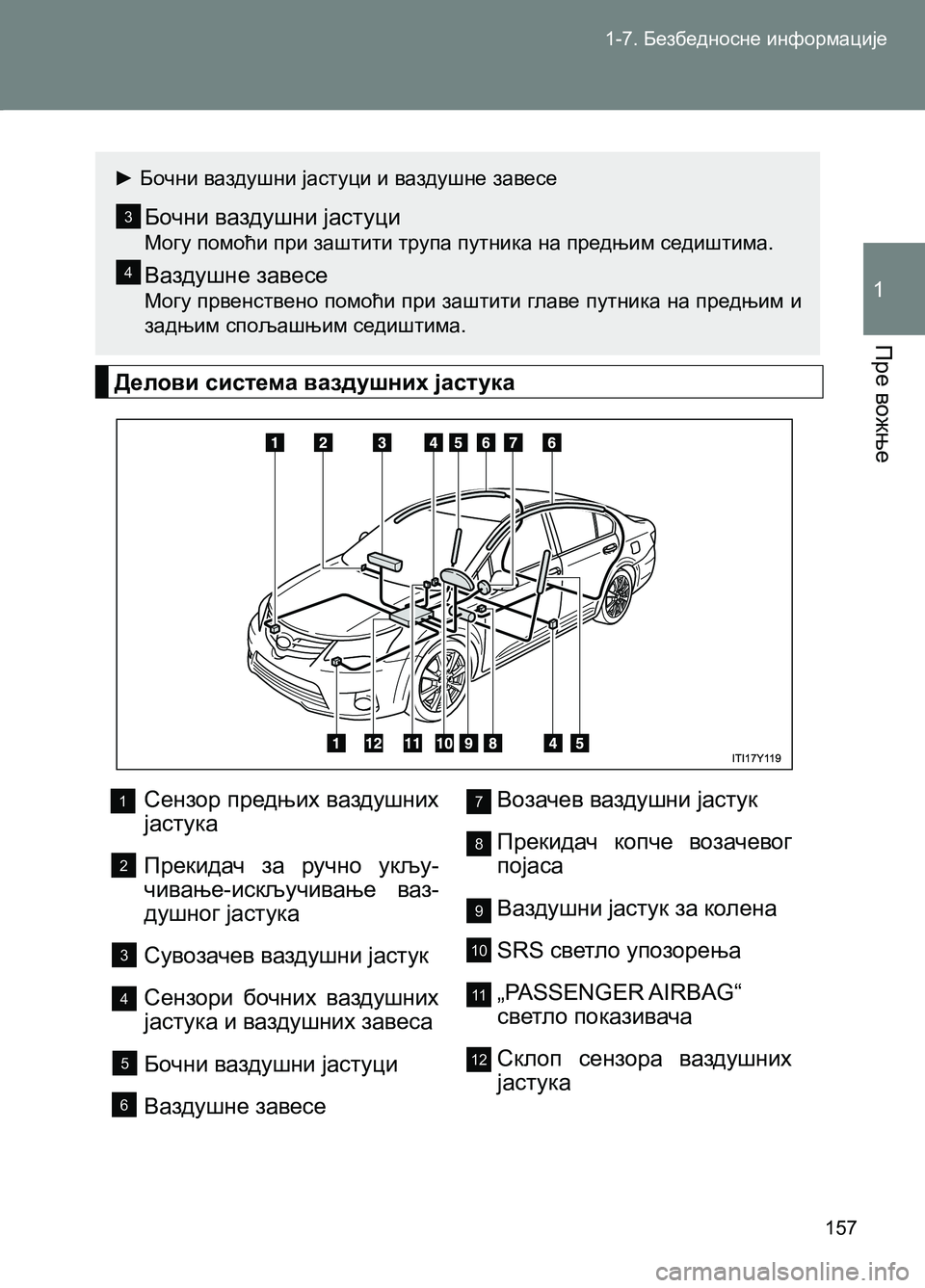 TOYOTA AVENSIS 2013 Priručnik (in Serbian) 1-7. Безбедносне информације
Пре вожње
1
157
► Бочни ваздушни јастуци и ваздушне завесе
Бочни ваздушни јастуци
М TOYOTA AVENSIS 2013 Priručnik (in Serbian) 1-7. Безбедносне информације
Пре вожње
1
157
► Бочни ваздушни јастуци и ваздушне завесе
Бочни ваздушни јастуци
М