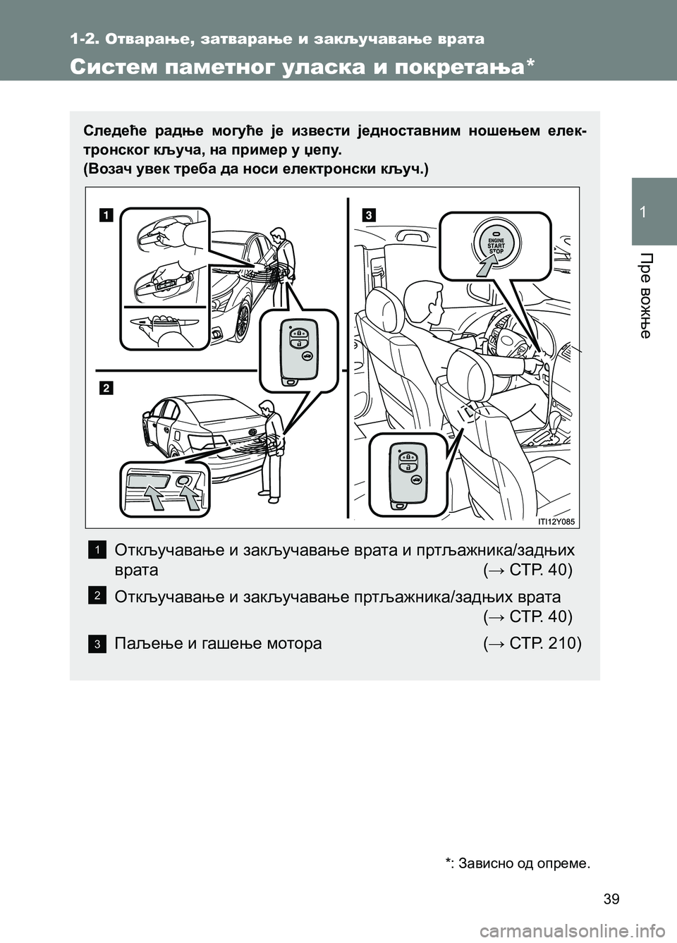 TOYOTA AVENSIS 2013  Priručnik (in Serbian) Пре вожње
1
39
1-2. Отварање, затварање и закључавање врата
Систем паметног уласка и покретања* 
Следеће радње мо�