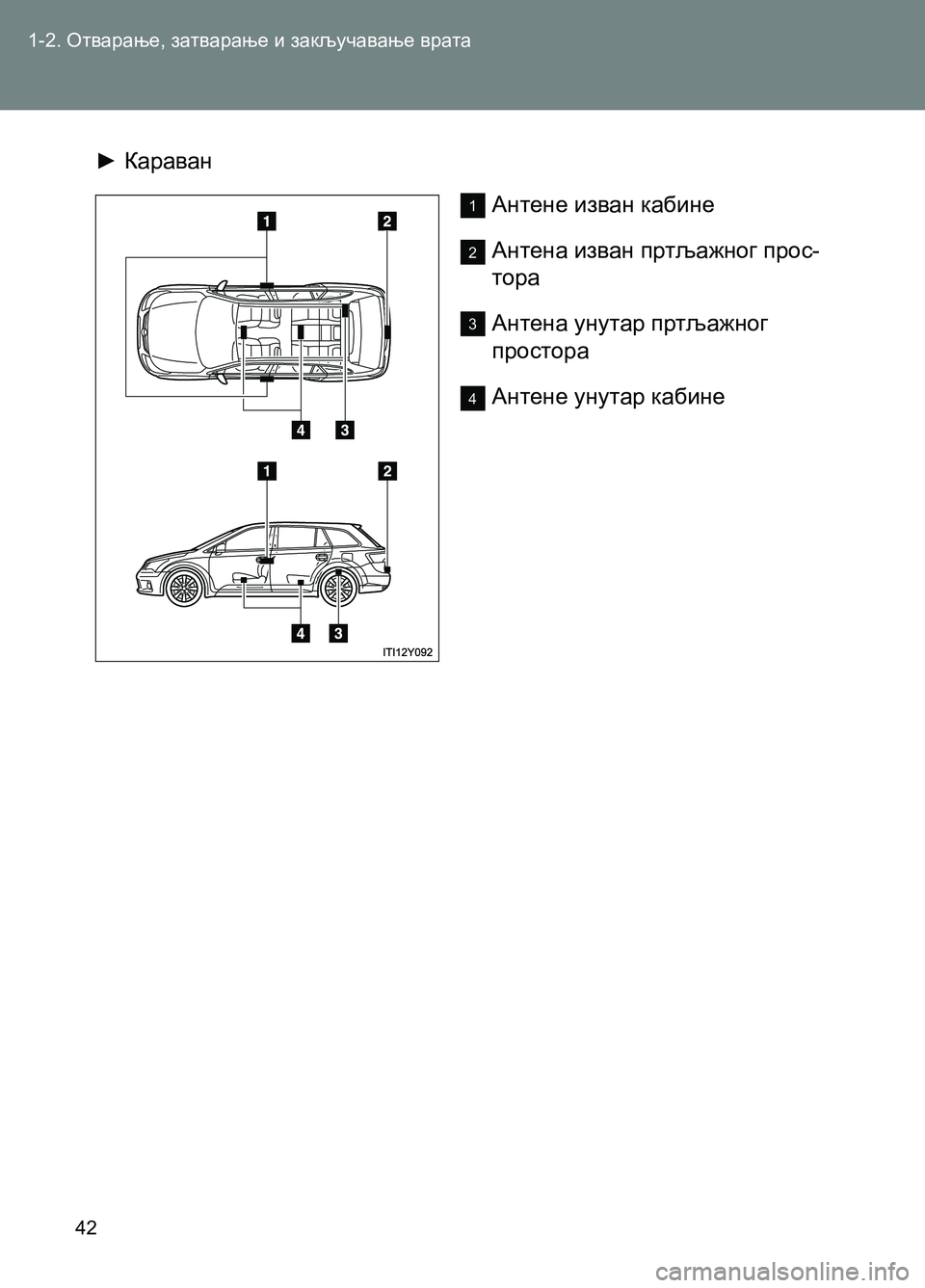 TOYOTA AVENSIS 2013  Priručnik (in Serbian) 1-2. Отварање, затварање и закључавање врата
42
► Караван
Антене изван кабине
Антена изван пртљажног прос-
тора
