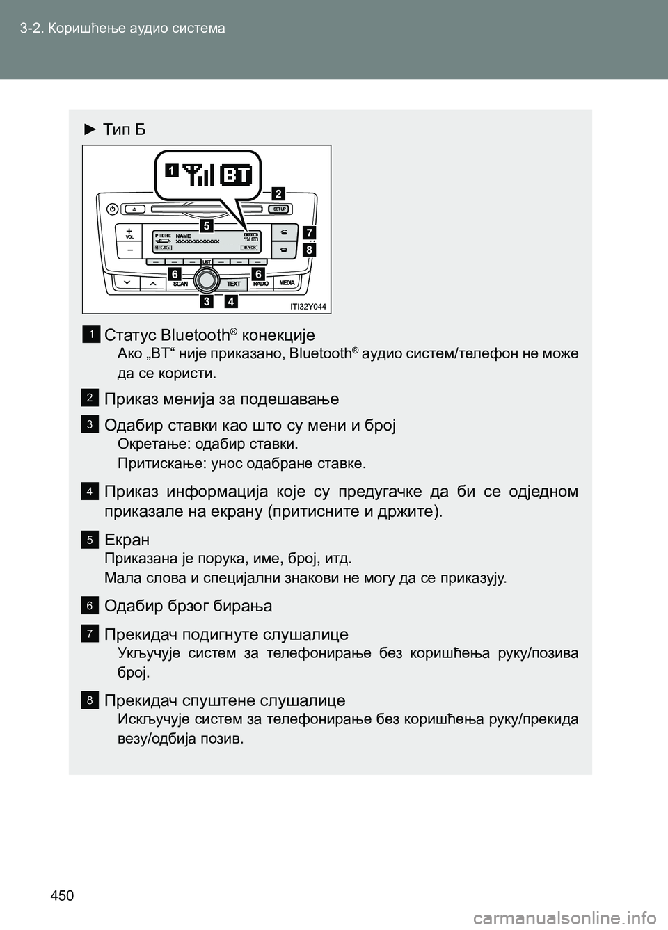 TOYOTA AVENSIS 2013  Priručnik (in Serbian) 3-2. Коришћење аудио система
450
► Тип Б
Статус Bluetooth® конекције
Ако „BT“ није приказано, Bluetooth® аудио систем/тел