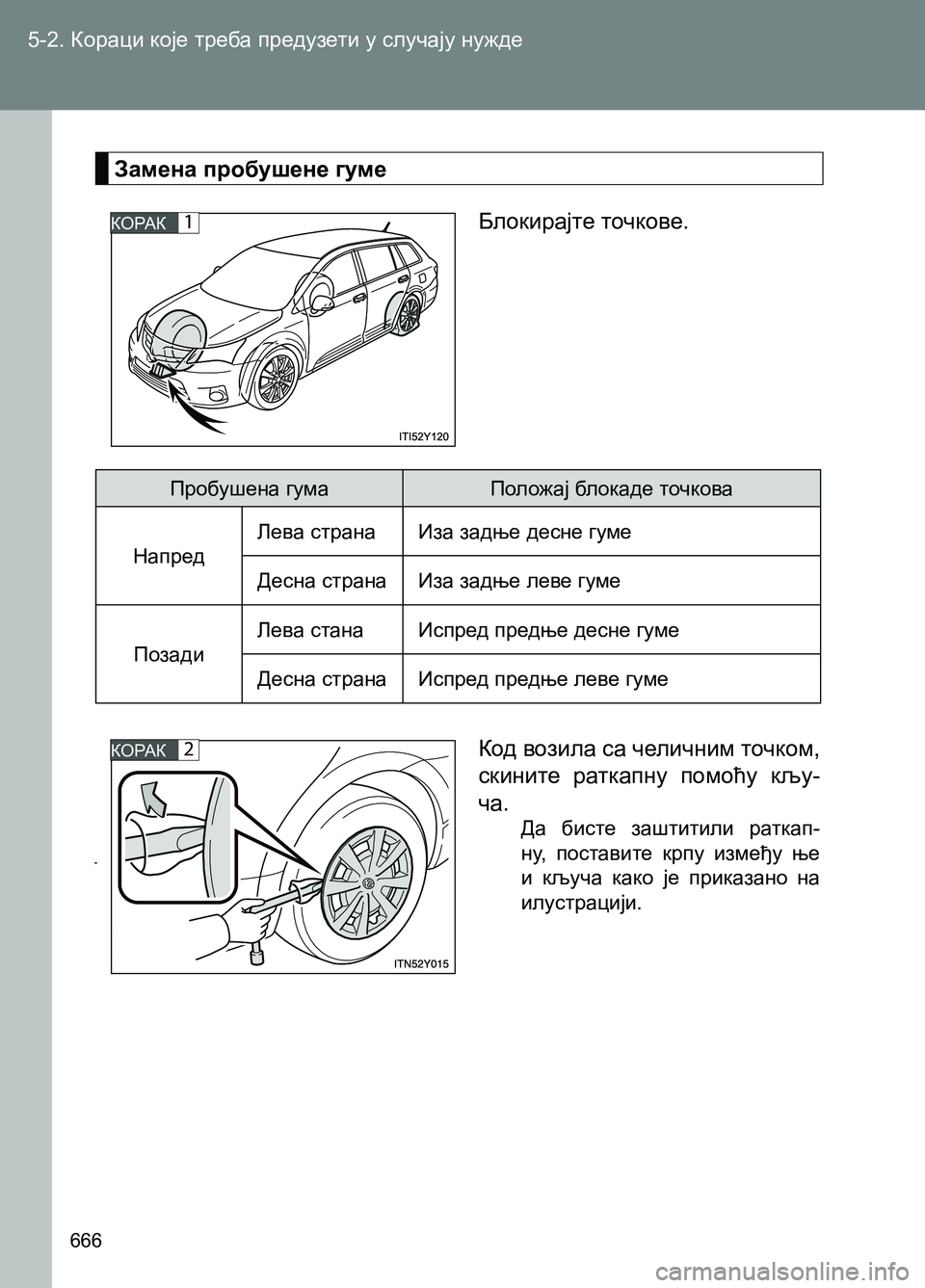 TOYOTA AVENSIS 2013  Priručnik (in Serbian) 5-2. Кораци које треба предузети у случају нужде
666
Замена пробушене гуме
КОРАК1
КОРАК2
Блокирајте точкове.
Код 