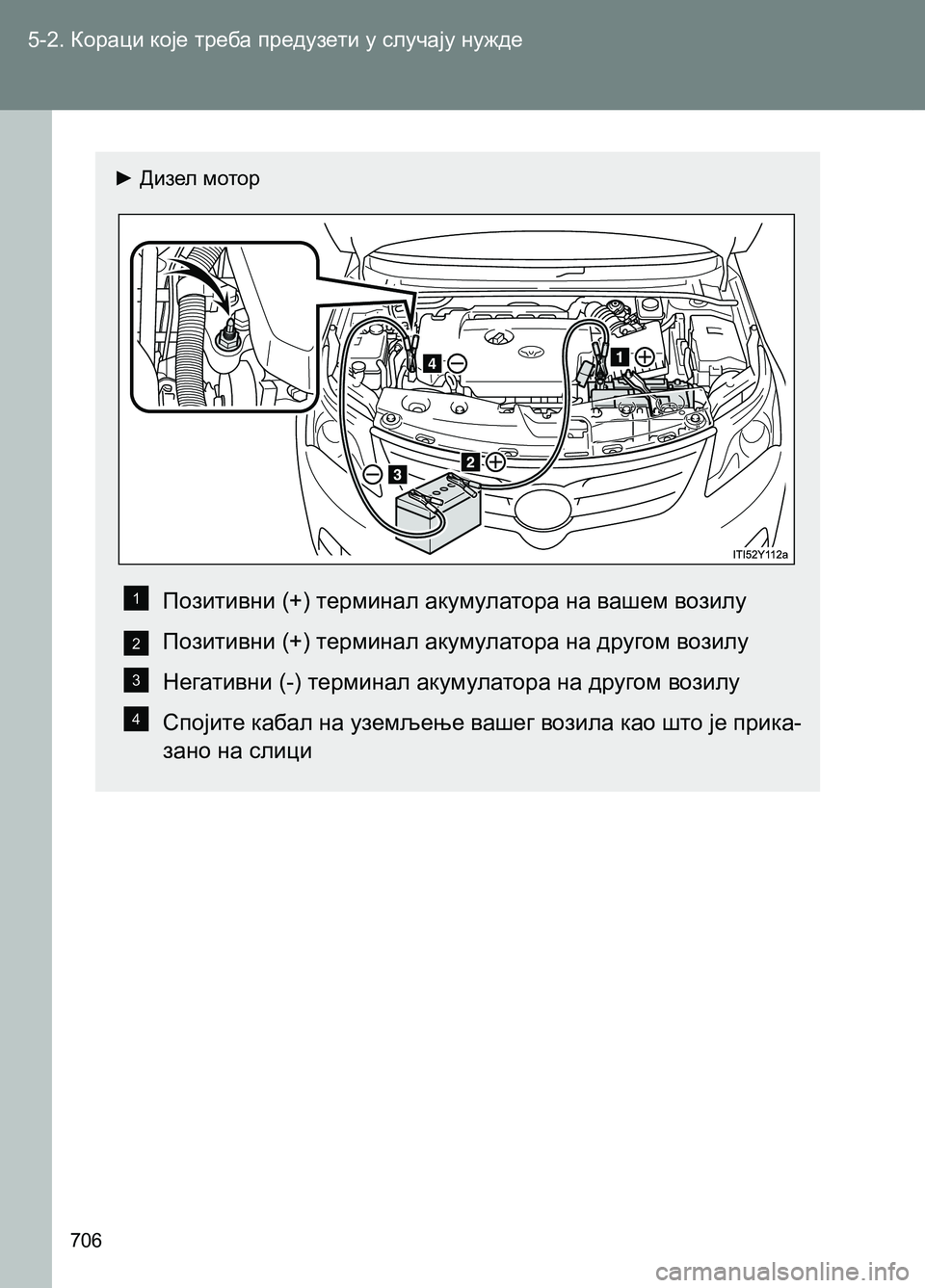 TOYOTA AVENSIS 2013  Priručnik (in Serbian) 5-2. Кораци које треба предузети у случају нужде
706
► Дизел мотор
Позитивни (+) терминал акумулатора на вашем во
