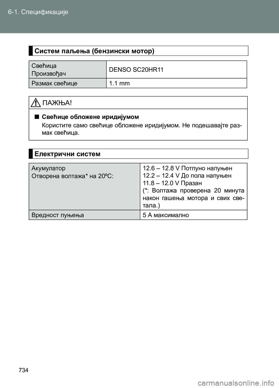 TOYOTA AVENSIS 2013  Priručnik (in Serbian) 734
6-1. Спецификације
Свећица
ПроизвођачDENSO SC20HR11
Размак свећице1.1 mm
Систем паљења (бензински мотор)
Електрични 