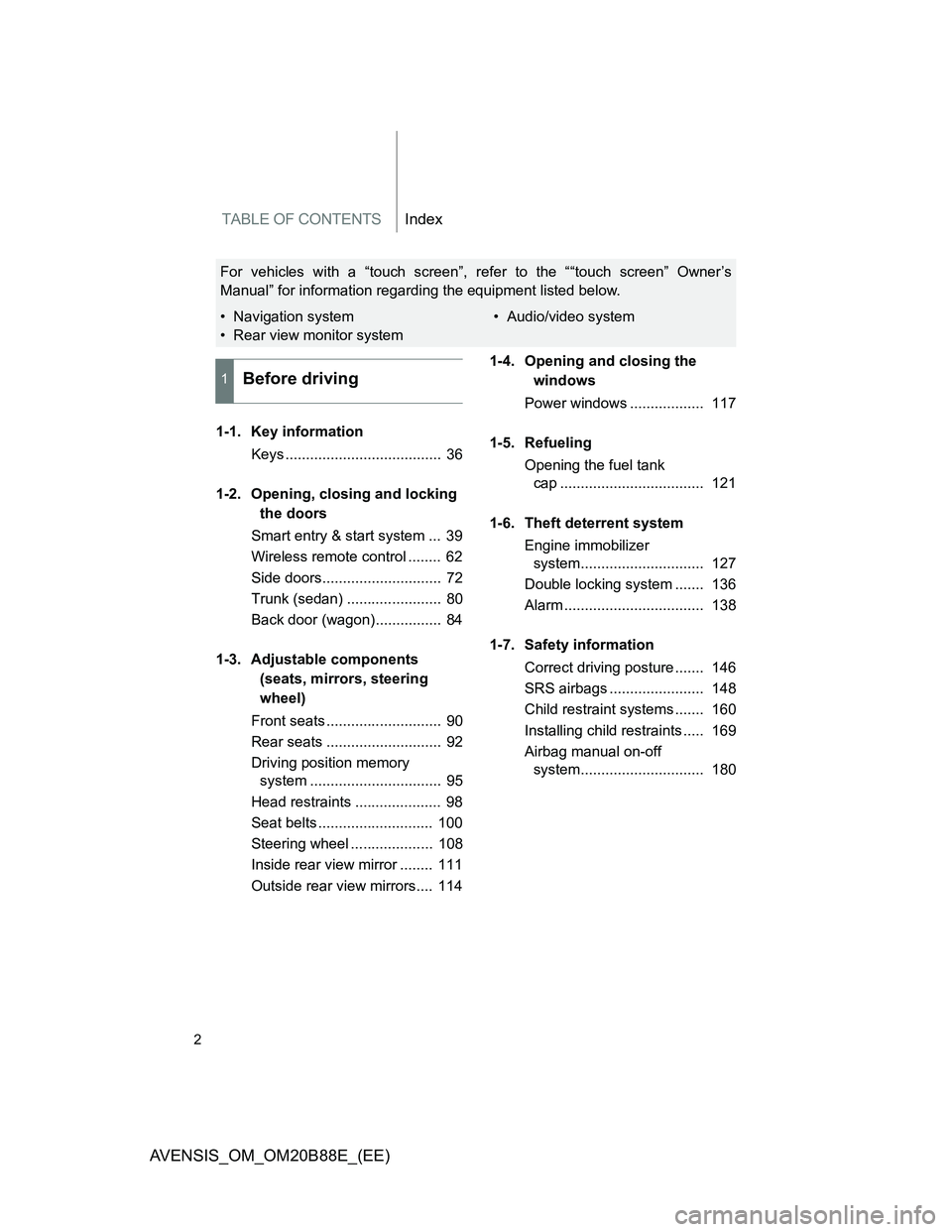 TOYOTA AVENSIS 2014 Owners Manual (in English) TABLE OF CONTENTSIndex
2
AVENSIS_OM_OM20B88E_(EE)
1-1. Key information
Keys ...................................... 36
1-2. Opening, closing and locking
the doors
Smart entry & start system ... 39
W TOYOTA AVENSIS 2014 Owners Manual (in English) TABLE OF CONTENTSIndex
2
AVENSIS_OM_OM20B88E_(EE)
1-1. Key information
Keys ...................................... 36
1-2. Opening, closing and locking
the doors
Smart entry & start system ... 39
W