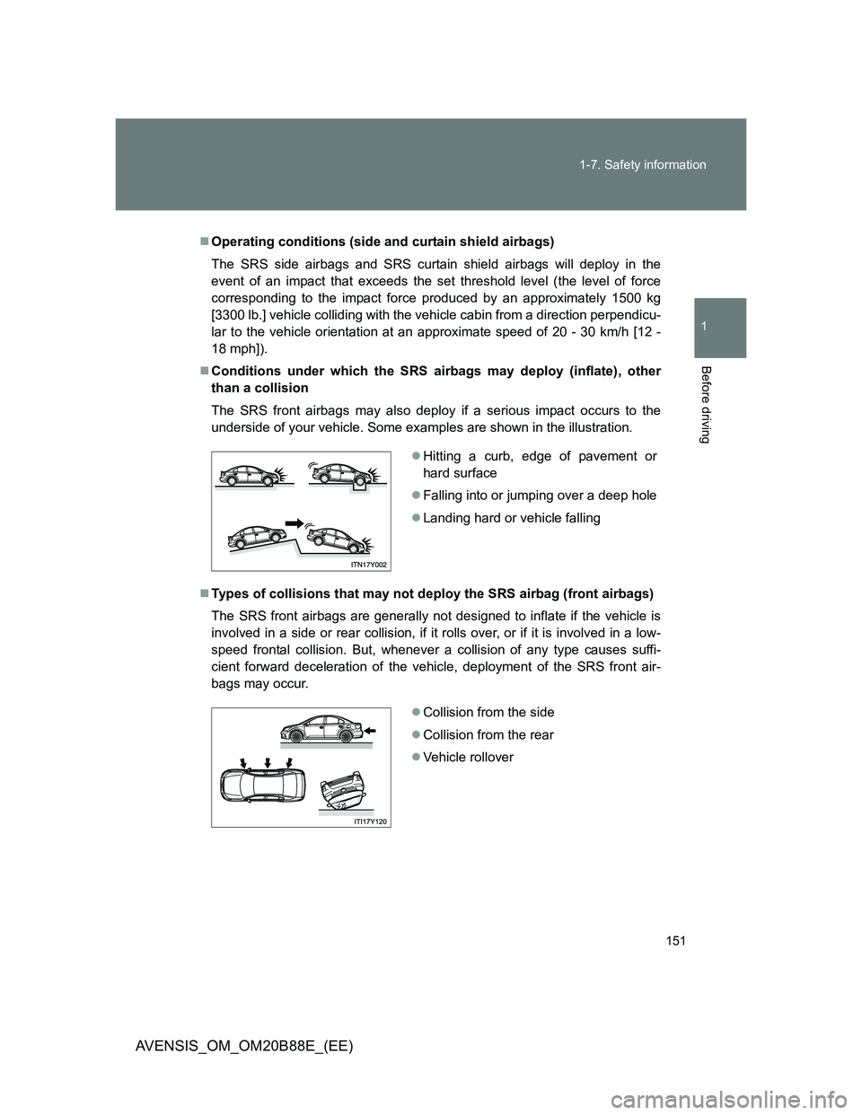 TOYOTA AVENSIS 2014  Owners Manual (in English) 151 1-7. Safety information
1
Before driving
AVENSIS_OM_OM20B88E_(EE)
Operating conditions (side and curtain shield airbags)
The SRS side airbags and SRS curtain shield airbags will deploy in the
e