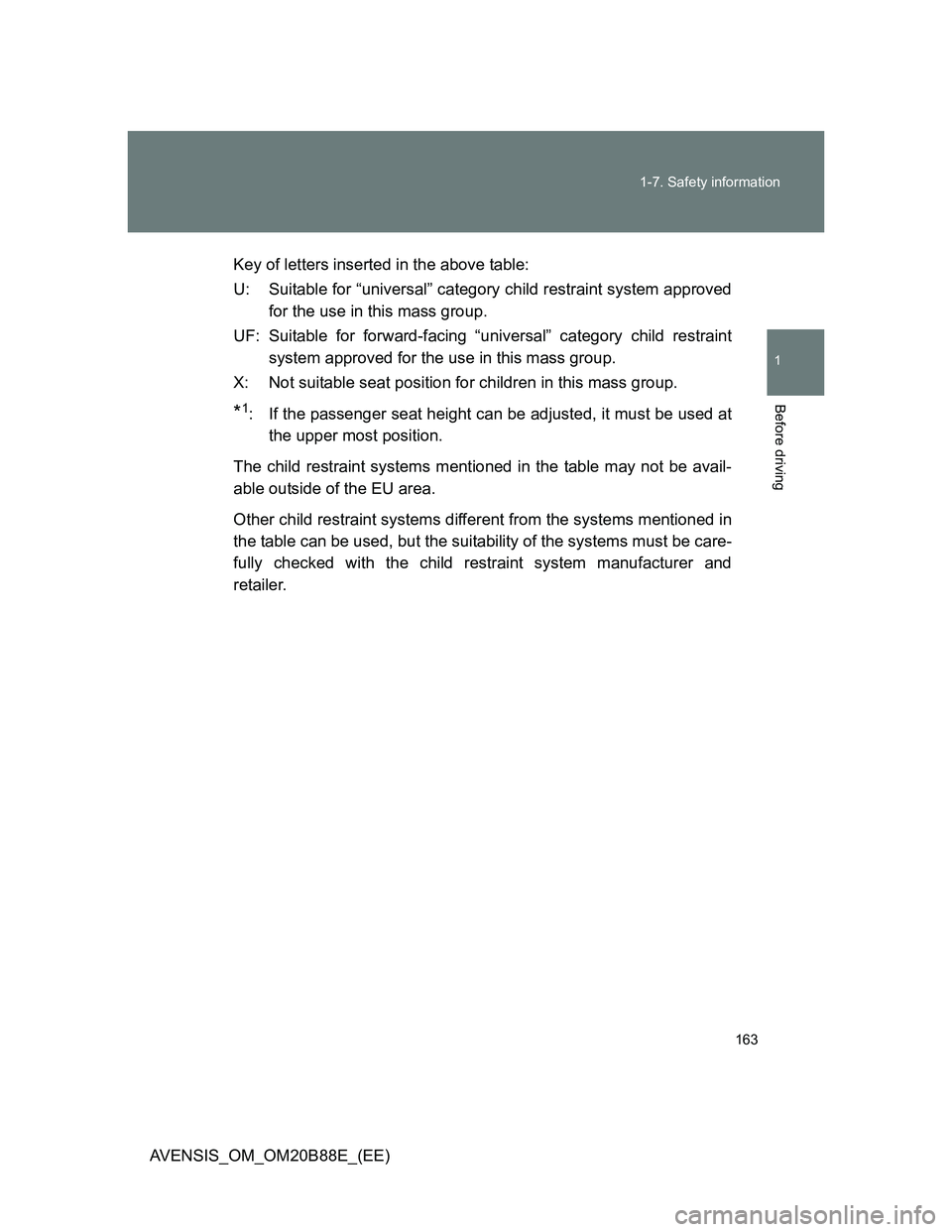 TOYOTA AVENSIS 2014  Owners Manual (in English) 163 1-7. Safety information
1
Before driving
AVENSIS_OM_OM20B88E_(EE)Key of letters inserted in the above table:
U: Suitable for “universal” category child restraint system approved
for the use in