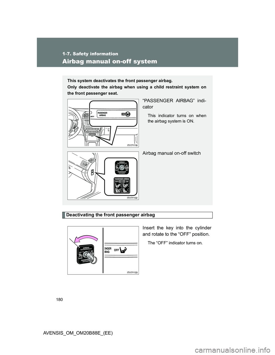 TOYOTA AVENSIS 2014  Owners Manual (in English) 180
1-7. Safety information
AVENSIS_OM_OM20B88E_(EE)
Airbag manual on-off system
Deactivating the front passenger airbag
Insert the key into the cylinder
and rotate to the “OFF” position.
The “O