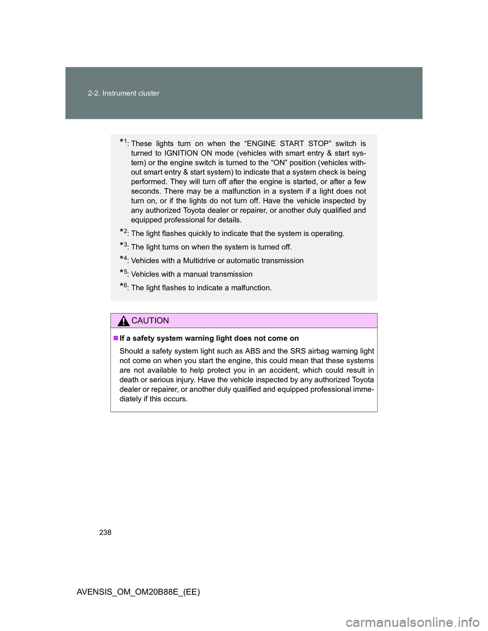 TOYOTA AVENSIS 2014 Owners Manual (in English) 238 2-2. Instrument cluster
AVENSIS_OM_OM20B88E_(EE)
CAUTION
If a safety system warning light does not come on
Should a safety system light such as ABS and the SRS airbag warning light
not come on TOYOTA AVENSIS 2014 Owners Manual (in English) 238 2-2. Instrument cluster
AVENSIS_OM_OM20B88E_(EE)
CAUTION
If a safety system warning light does not come on
Should a safety system light such as ABS and the SRS airbag warning light
not come on