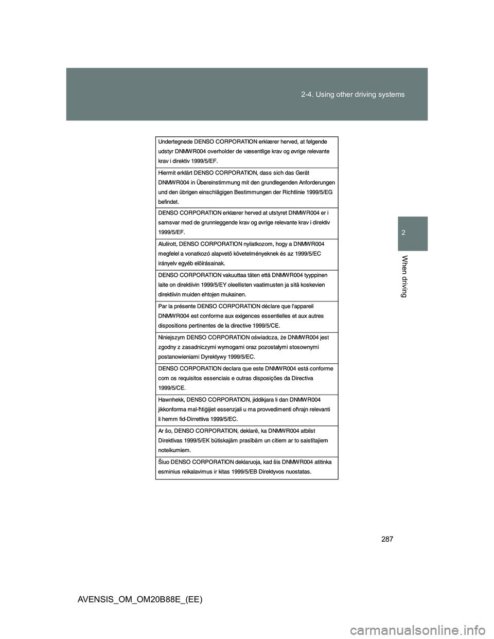 TOYOTA AVENSIS 2014 Owners Manual (in English) 287 2-4. Using other driving systems
2
When driving
AVENSIS_OM_OM20B88E_(EE) TOYOTA AVENSIS 2014 Owners Manual (in English) 287 2-4. Using other driving systems
2
When driving
AVENSIS_OM_OM20B88E_(EE)