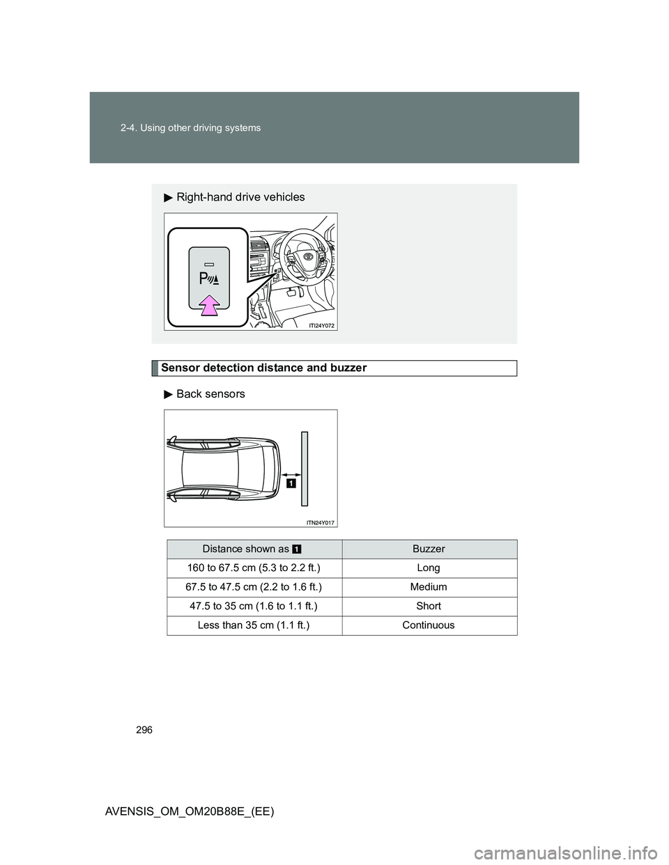 TOYOTA AVENSIS 2014 (in English) Owners Guide 296 2-4. Using other driving systems
AVENSIS_OM_OM20B88E_(EE)
Sensor detection distance and buzzer
Back sensors
Right-hand drive vehicles
Distance shown as Buzzer
160 to 67.5 cm (5.3 to 2.2 ft.) Long
TOYOTA AVENSIS 2014 (in English) Owners Guide 296 2-4. Using other driving systems
AVENSIS_OM_OM20B88E_(EE)
Sensor detection distance and buzzer
Back sensors
Right-hand drive vehicles
Distance shown as Buzzer
160 to 67.5 cm (5.3 to 2.2 ft.) Long