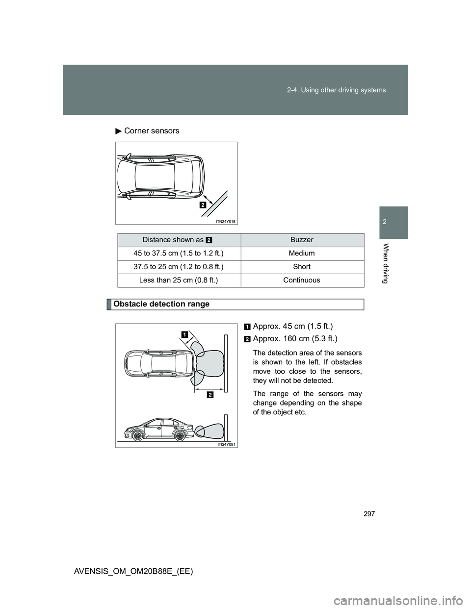TOYOTA AVENSIS 2014 (in English) Owners Guide 297 2-4. Using other driving systems
2
When driving
AVENSIS_OM_OM20B88E_(EE)Corner sensors
Obstacle detection range
Approx. 45 cm (1.5 ft.)
Approx. 160 cm (5.3 ft.)
The detection area of the sensors
i TOYOTA AVENSIS 2014 (in English) Owners Guide 297 2-4. Using other driving systems
2
When driving
AVENSIS_OM_OM20B88E_(EE)Corner sensors
Obstacle detection range
Approx. 45 cm (1.5 ft.)
Approx. 160 cm (5.3 ft.)
The detection area of the sensors
i