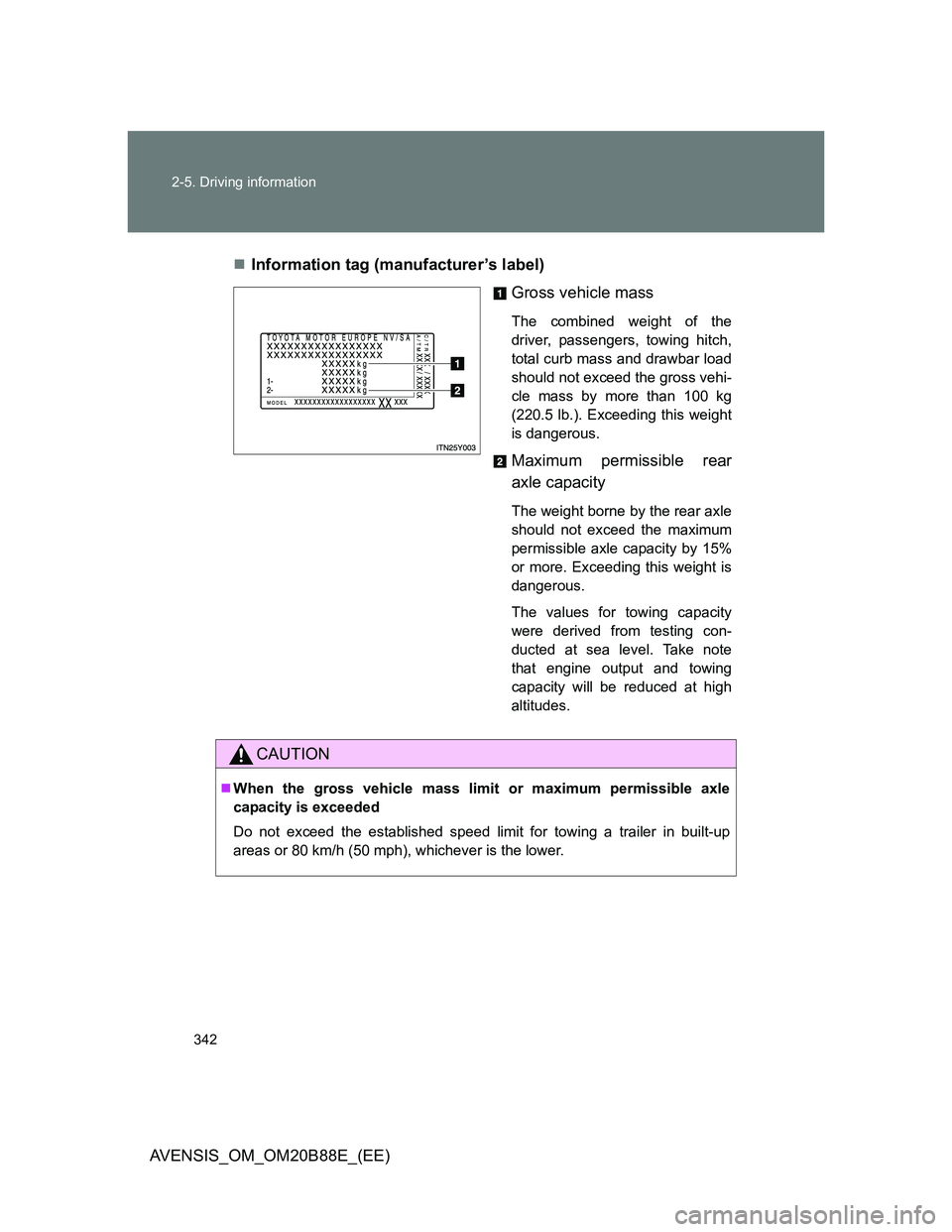 TOYOTA AVENSIS 2014 Owners Manual (in English) 342 2-5. Driving information
AVENSIS_OM_OM20B88E_(EE)Information tag (manufacturer’s label)
Gross vehicle mass
The combined weight of the
driver, passengers, towing hitch,
total curb mass and dra TOYOTA AVENSIS 2014 Owners Manual (in English) 342 2-5. Driving information
AVENSIS_OM_OM20B88E_(EE)Information tag (manufacturer’s label)
Gross vehicle mass
The combined weight of the
driver, passengers, towing hitch,
total curb mass and dra