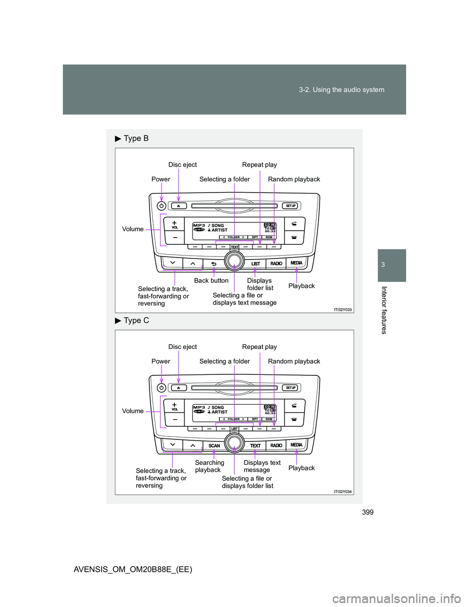 TOYOTA AVENSIS 2014  Owners Manual (in English) 399 3-2. Using the audio system
3
Interior features
AVENSIS_OM_OM20B88E_(EE)
Ty p e  B
Ty p e  C
Selecting a folderPower
Vo lu m e
Selecting a track, 
fast-forwarding or 
reversingBack button
Selectin