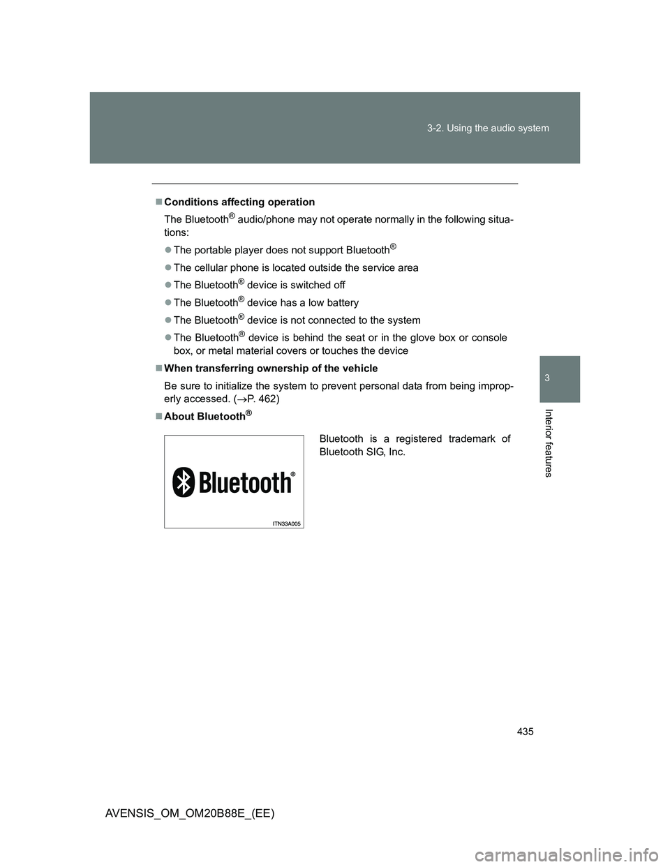 TOYOTA AVENSIS 2014 Owners Manual (in English) 435 3-2. Using the audio system
3
Interior features
AVENSIS_OM_OM20B88E_(EE)
Conditions affecting operation
The Bluetooth
® audio/phone may not operate normally in the following situa-
tions:
T TOYOTA AVENSIS 2014 Owners Manual (in English) 435 3-2. Using the audio system
3
Interior features
AVENSIS_OM_OM20B88E_(EE)
Conditions affecting operation
The Bluetooth
® audio/phone may not operate normally in the following situa-
tions:
T