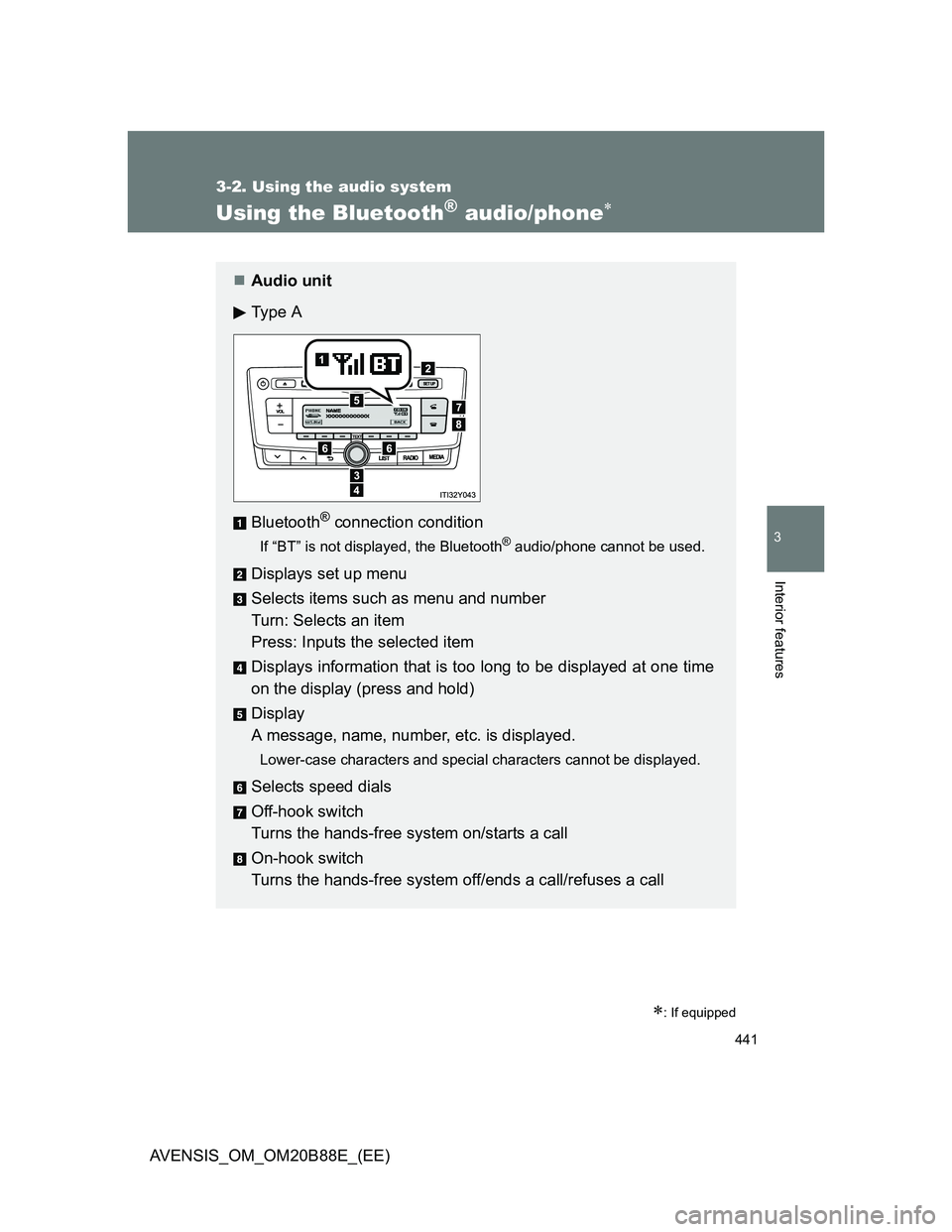 TOYOTA AVENSIS 2014  Owners Manual (in English) 441
3-2. Using the audio system
3
Interior features
AVENSIS_OM_OM20B88E_(EE)
Using the Bluetooth® audio/phone
: If equipped
Audio unit
Ty p e  A
Bluetooth
® connection condition
If “BT”
