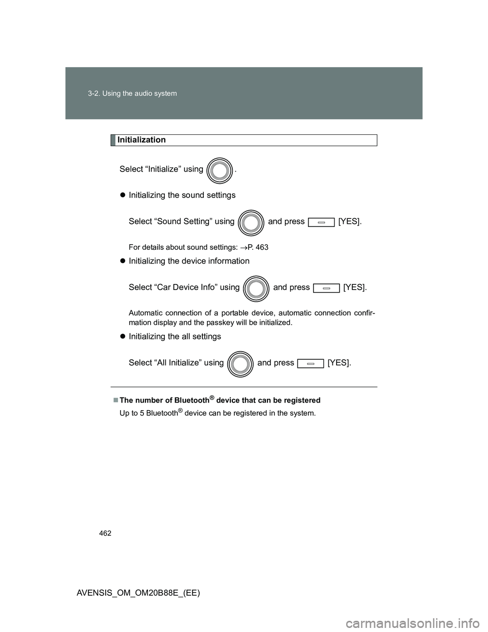 TOYOTA AVENSIS 2014  Owners Manual (in English) 462 3-2. Using the audio system
AVENSIS_OM_OM20B88E_(EE)
Initialization
Select “Initialize” using  .
Initializing the sound settings
Select “Sound Setting” using  and press  [YES].
For deta