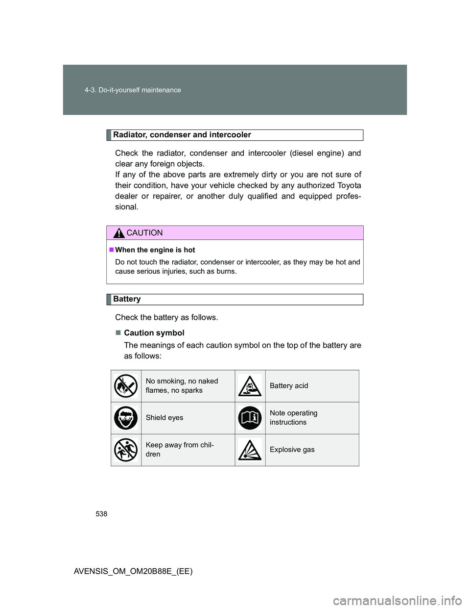 TOYOTA AVENSIS 2014  Owners Manual (in English) 538 4-3. Do-it-yourself maintenance
AVENSIS_OM_OM20B88E_(EE)
Radiator, condenser and intercooler
Check the radiator, condenser and intercooler (diesel engine) and
clear any foreign objects. 
If any of