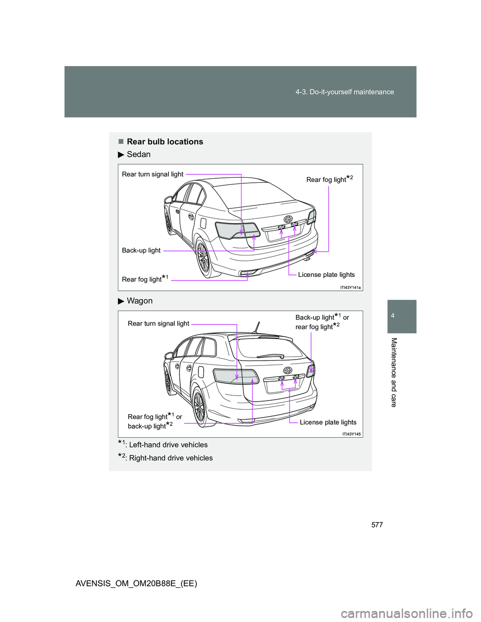 TOYOTA AVENSIS 2014  Owners Manual (in English) 577 4-3. Do-it-yourself maintenance
4
Maintenance and care
AVENSIS_OM_OM20B88E_(EE)
Rear bulb locations
Sedan
Wagon
*1: Left-hand drive vehicles
*2: Right-hand drive vehicles
Rear turn signal light