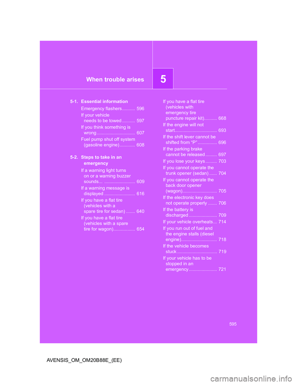 TOYOTA AVENSIS 2014 Owners Manual (in English) 5When trouble arises
595
AVENSIS_OM_OM20B88E_(EE)
5-1. Essential information
Emergency flashers .......... 596
If your vehicle
needs to be towed .......... 597
If you think something is
wrong .... TOYOTA AVENSIS 2014 Owners Manual (in English) 5When trouble arises
595
AVENSIS_OM_OM20B88E_(EE)
5-1. Essential information
Emergency flashers .......... 596
If your vehicle
needs to be towed .......... 597
If you think something is
wrong ....