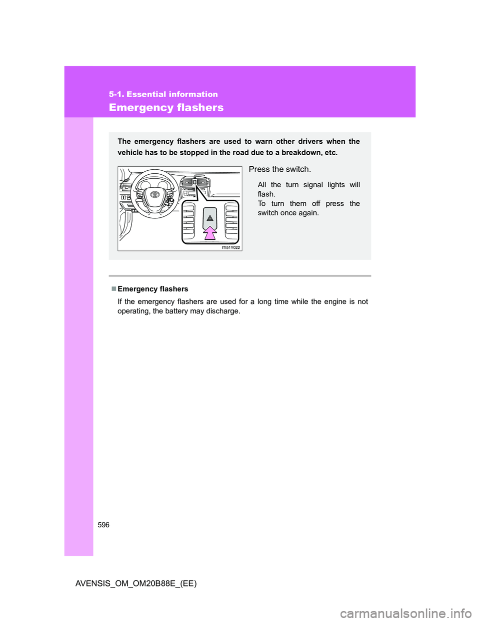 TOYOTA AVENSIS 2014 Owners Manual (in English) 596
AVENSIS_OM_OM20B88E_(EE)
5-1. Essential information
Emergency flashers
Emergency flashers
If the emergency flashers are used for a long time while the engine is not
operating, the battery may d TOYOTA AVENSIS 2014 Owners Manual (in English) 596
AVENSIS_OM_OM20B88E_(EE)
5-1. Essential information
Emergency flashers
Emergency flashers
If the emergency flashers are used for a long time while the engine is not
operating, the battery may d