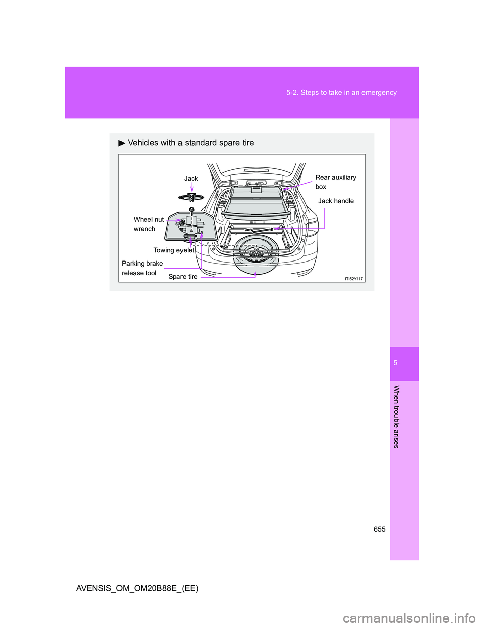 TOYOTA AVENSIS 2014  Owners Manual (in English) 5
655 5-2. Steps to take in an emergency
When trouble arises
AVENSIS_OM_OM20B88E_(EE)
Vehicles with a standard spare tire
Spare tireJack handle
Rear auxiliary 
boxJack
Wheel nut 
wrench
Parking brake 