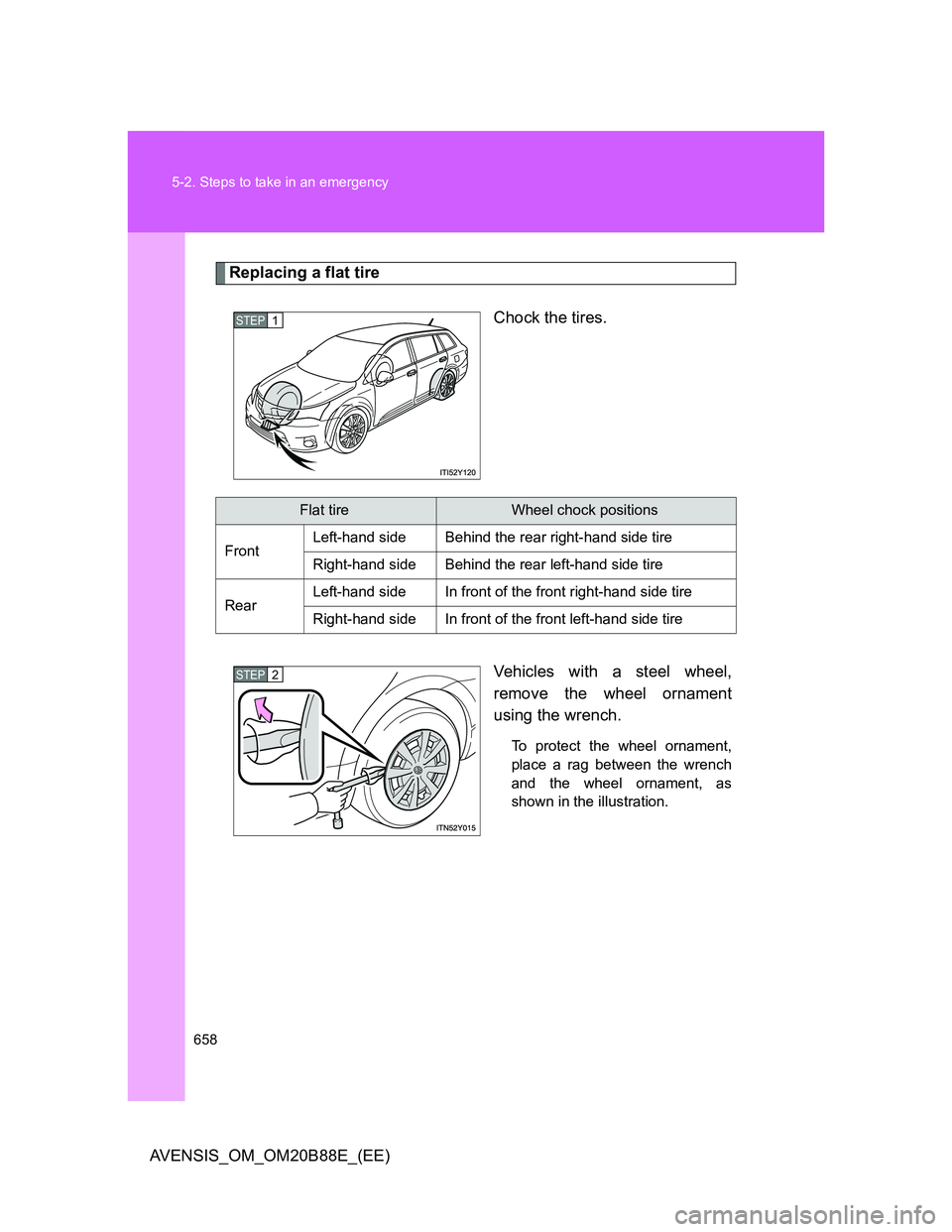 TOYOTA AVENSIS 2014  Owners Manual (in English) 658 5-2. Steps to take in an emergency
AVENSIS_OM_OM20B88E_(EE)
Replacing a flat tire
Chock the tires.
Vehicles with a steel wheel,
remove the wheel ornament
using the wrench.
To protect the wheel orn