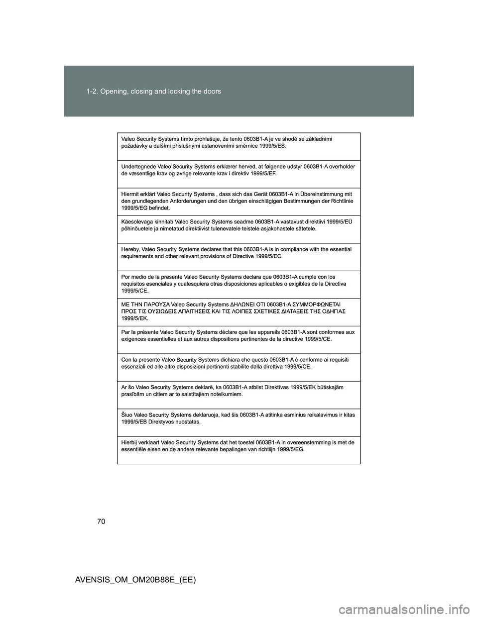 TOYOTA AVENSIS 2014   (in English) Repair Manual 70 1-2. Opening, closing and locking the doors
AVENSIS_OM_OM20B88E_(EE) 