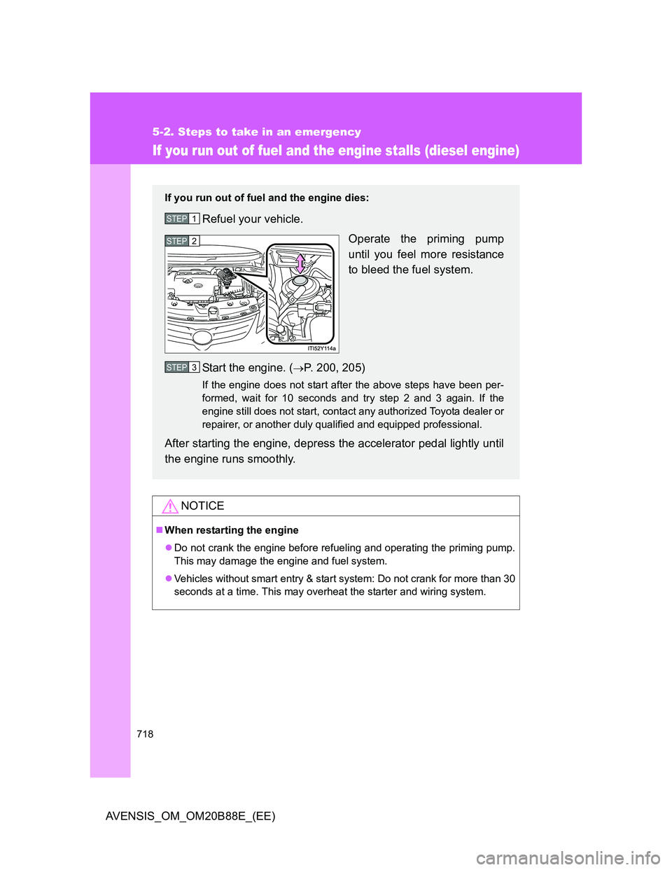 TOYOTA AVENSIS 2014 Owners Manual (in English) 718
5-2. Steps to take in an emergency
AVENSIS_OM_OM20B88E_(EE)
If you run out of fuel and the engine stalls (diesel engine)
NOTICE
When restarting the engine
Do not crank the engine before refu TOYOTA AVENSIS 2014 Owners Manual (in English) 718
5-2. Steps to take in an emergency
AVENSIS_OM_OM20B88E_(EE)
If you run out of fuel and the engine stalls (diesel engine)
NOTICE
When restarting the engine
Do not crank the engine before refu