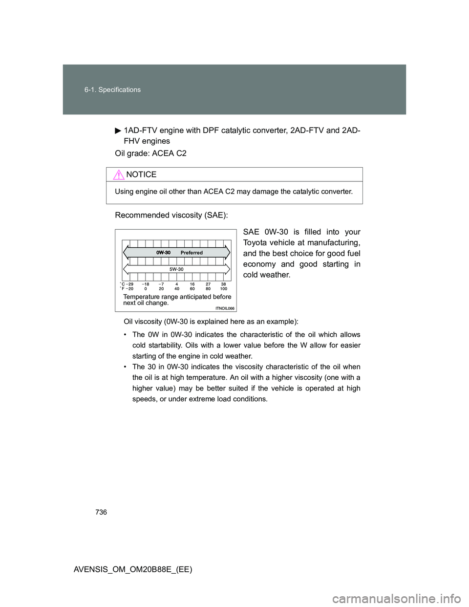 TOYOTA AVENSIS 2014  Owners Manual (in English) 736 6-1. Specifications
AVENSIS_OM_OM20B88E_(EE)1AD-FTV engine with DPF catalytic converter, 2AD-FTV and 2AD-
FHV engines
Oil grade: ACEA C2
Recommended viscosity (SAE):
SAE 0W-30 is filled into your
