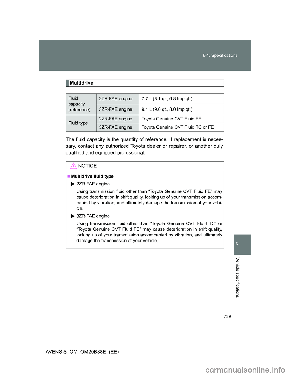 TOYOTA AVENSIS 2014  Owners Manual (in English) 739 6-1. Specifications
6
Vehicle specifications
AVENSIS_OM_OM20B88E_(EE)
Multidrive
The fluid capacity is the quantity of reference. If replacement is neces-
sary, contact any authorized Toyota deale