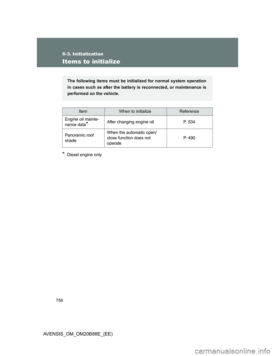 TOYOTA AVENSIS 2014  Owners Manual (in English) 758
AVENSIS_OM_OM20B88E_(EE)
6-3. Initialization
Items to initialize
*: Diesel engine only
ItemWhen to initializeReference
Engine oil mainte-
nance data
*After changing engine oil P. 534
Panoramic roo