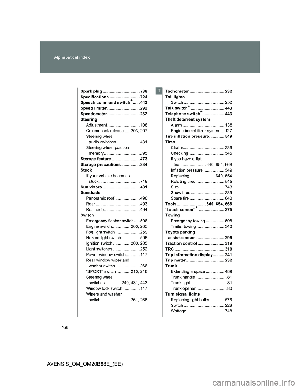 TOYOTA AVENSIS 2014 Owners Manual (in English) 768 Alphabetical index
AVENSIS_OM_OM20B88E_(EE)
Spark plug ................................ 738
Specifications .......................... 724
Speech command switch
*...... 443
Speed limiter .......... TOYOTA AVENSIS 2014 Owners Manual (in English) 768 Alphabetical index
AVENSIS_OM_OM20B88E_(EE)
Spark plug ................................ 738
Specifications .......................... 724
Speech command switch
*...... 443
Speed limiter ..........