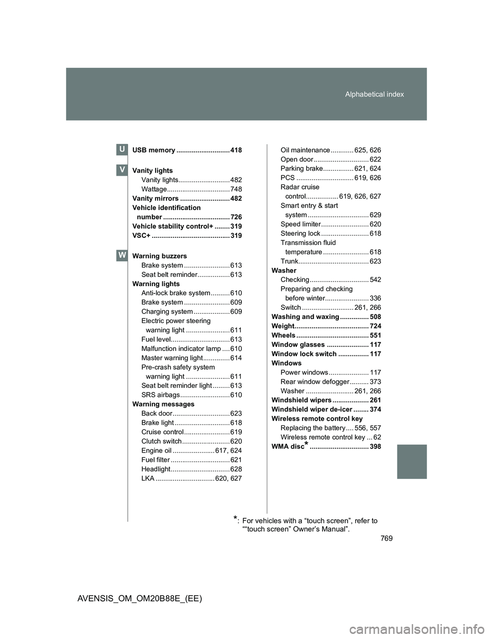 TOYOTA AVENSIS 2014 Owners Manual (in English) 769 Alphabetical index
AVENSIS_OM_OM20B88E_(EE)
USB memory ............................ 418
Vanity lights
Vanity lights........................... 482
Wattage................................. 748
Vani TOYOTA AVENSIS 2014 Owners Manual (in English) 769 Alphabetical index
AVENSIS_OM_OM20B88E_(EE)
USB memory ............................ 418
Vanity lights
Vanity lights........................... 482
Wattage................................. 748
Vani