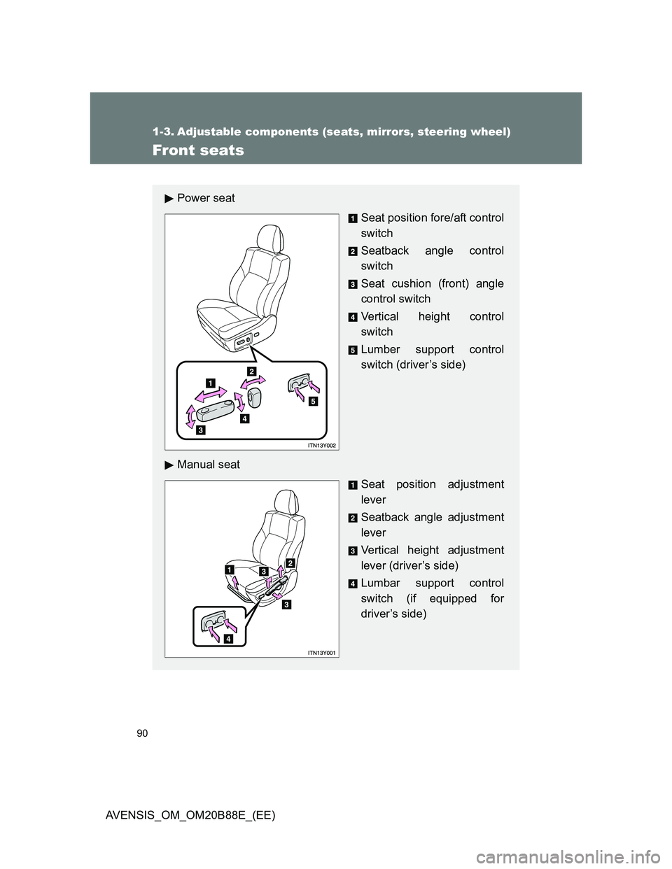 TOYOTA AVENSIS 2014  Owners Manual (in English) 90
AVENSIS_OM_OM20B88E_(EE)
1-3. Adjustable components (seats, mirrors, steering wheel)
Front seats
Power seat
Seat position fore/aft control
switch
Seatback angle control
switch
Seat cushion (front) 
