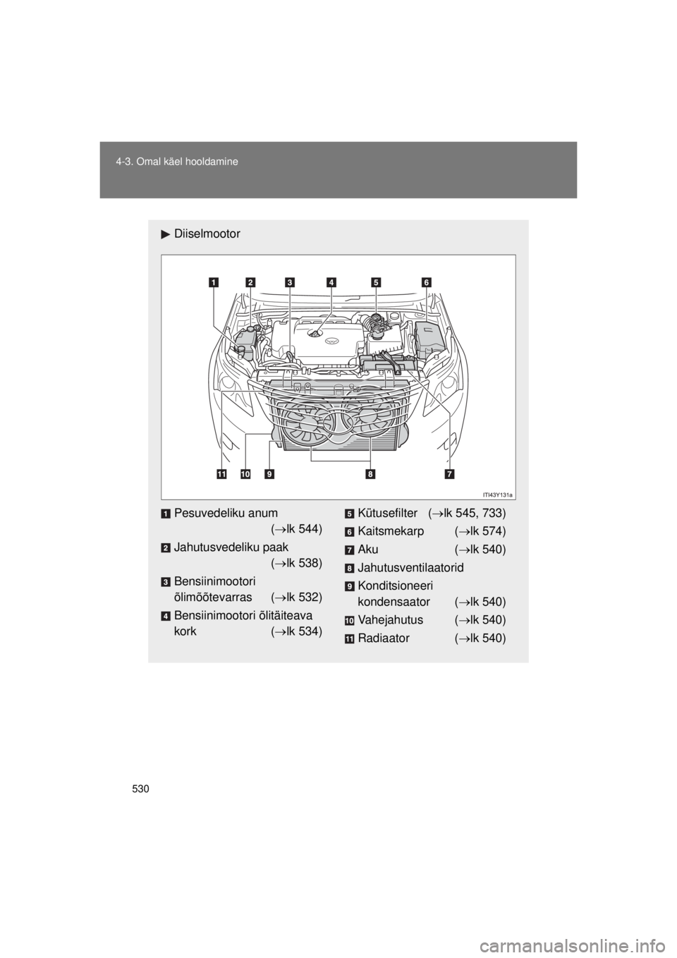 TOYOTA AVENSIS 2015  Kasutusjuhend (in Estonian) 530
4-3. Omal käel hooldamine
AVENSIS_OM_OM20B99E_(EE)
Diiselmootor
Pesuvedeliku anum
 ( lk 544)
Jahutusvedeliku paak ( lk 538)
Bensiinimootori 
õlimõõtevarras ( lk 532)
Bensiinimootori 