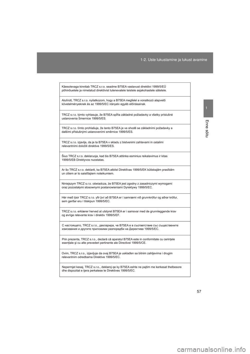 TOYOTA AVENSIS 2015  Kasutusjuhend (in Estonian) 57
1-2. Uste lukustamine ja lukust avamine
1
Enne sõitu
AVENSIS_OM_OM20B99E_(EE)
AVENSIS_OM_OM20B99E_(EE).book  Page 
57  Monday, January 20, 2014  1:34 AM 